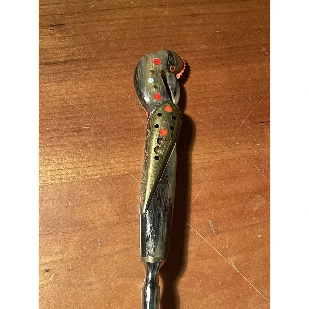 Rare Vintage Carved Bird Heron  Handle Pie Server Inlaid Metal Blade Mid-Century